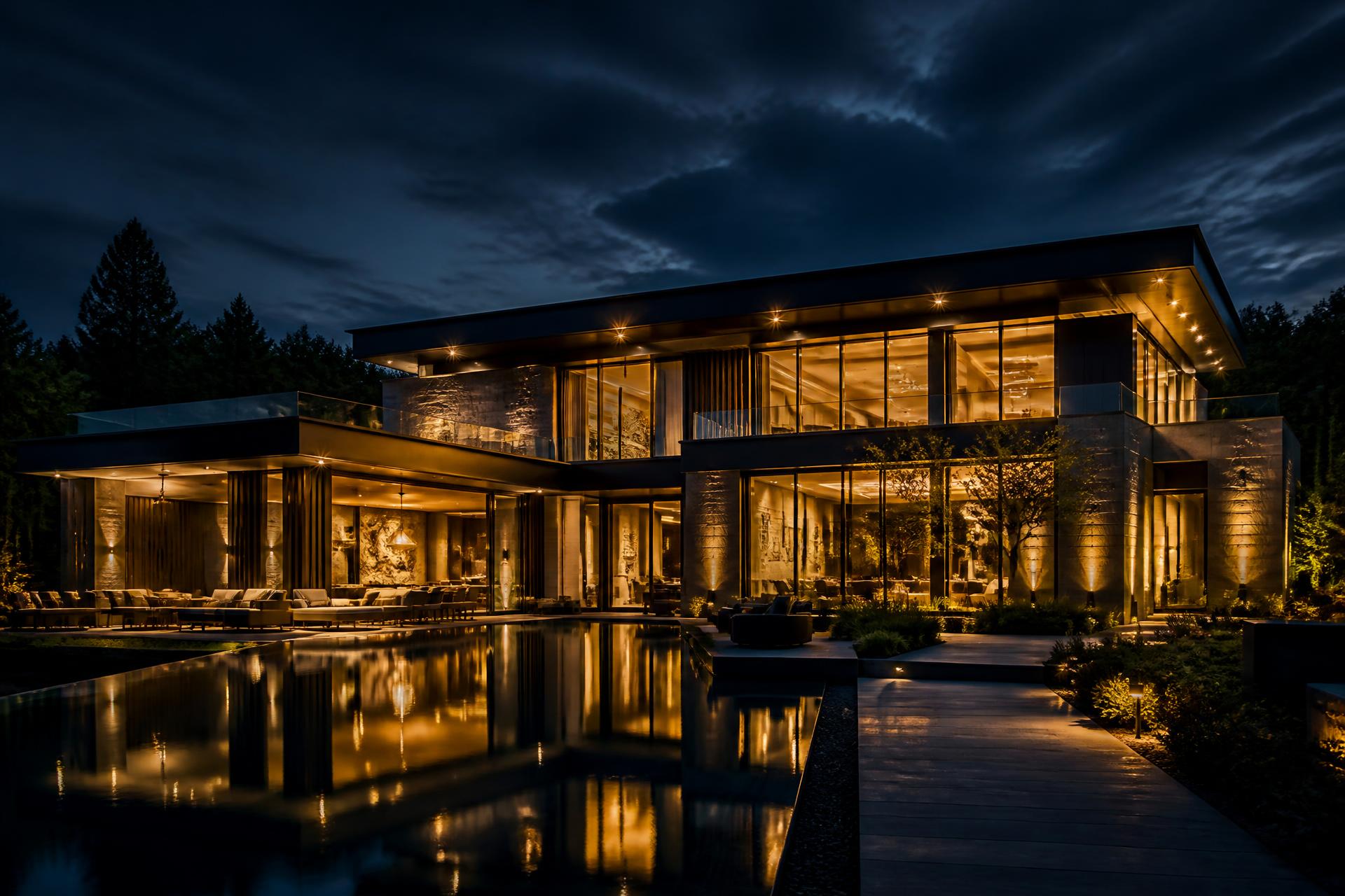 Luxury modern estate at dusk with warm interior lighting